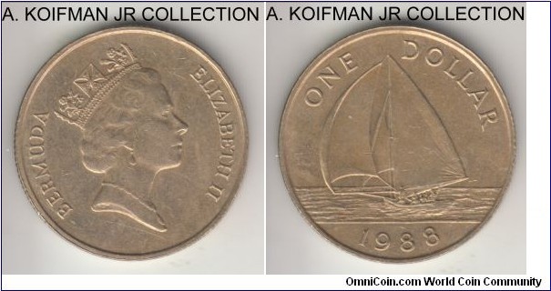 KM-56, 1988 Bermuda 25 cents; nickel-brass, segment reeded edge; Elizabeth II, good extra fine or so.