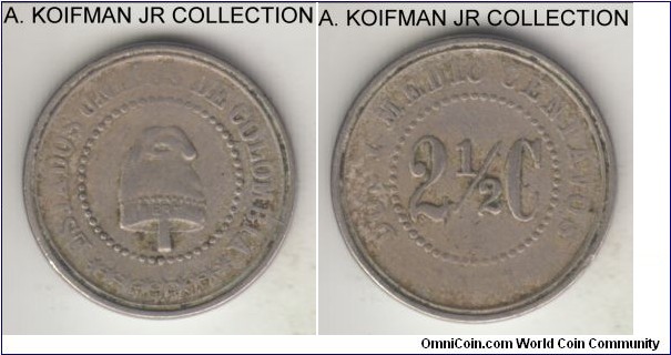 KM-179, 1881 Colombia 2 1/2 centavos; copper-nickel, plain edge; 1-year type, weakly struck as date is alsmot invisible although protected by the edge, average circulated very good.