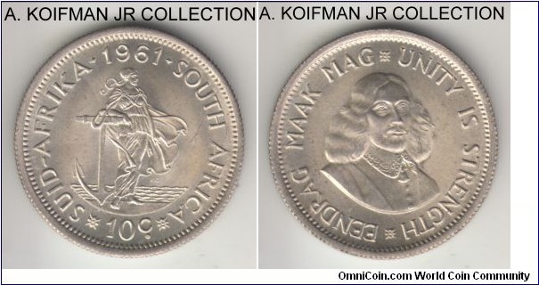 KM-60, 1961 South Africa (Republic) 10 cents; silver, reeded edge; first year of the 4-year transitional Republican type, shilling equivalent, lightly toned uncirculated specimen.
