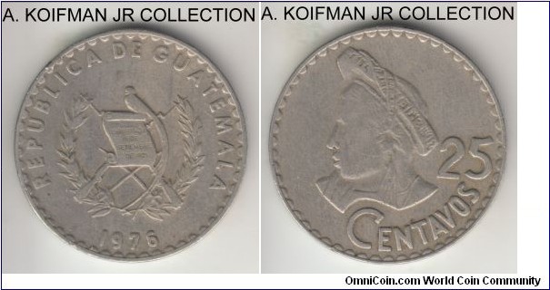 KM-272, 1976 Guatemala 25 centavos; copper-nickel, lettered edge; very fine or almost.