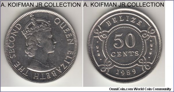 KM-37, 1989 Belize 50 cents; copper-nickel, reeded edge; Elizabeth II, uncirculated.