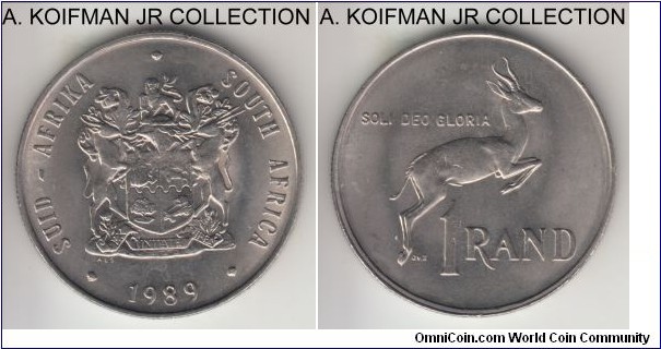 KM-88a, 1988 South Africa rand; nickel, reeded edge; circulation coinage, springbok above value, average uncirculated or so.