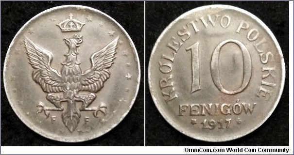 Kingdom of Poland, Królestwo Polskie, Regentschaftskönigreich Polen 10 fenigów. 1917, Iron (II)