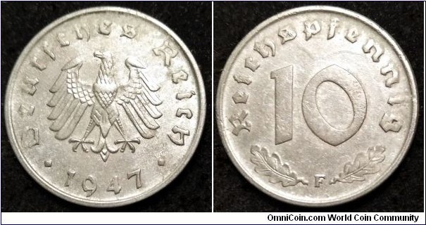 Germany 10 reichspfennig 1947 F, Allied Occupation. Zinc.