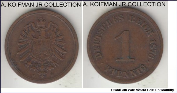 KM-1, 1876 Germany pfennig, Stuttgart mint (F mint mark); copper, plain edge; Wilhelm I, first post-unification issue, decent circulated grade, fine or so.