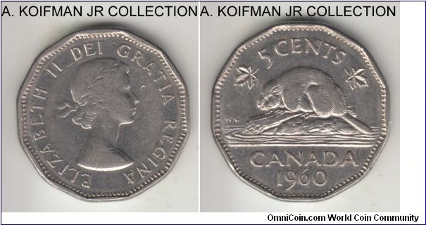 KM-50a, 1960 Canada 5 cents; nickel, plain edge; Elizabeth II, good very fine to extra fine.