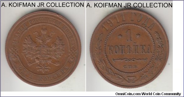 Y9.2, 1911 Russia (Empire) kopek, St. Petersburg mint (СПБ mint mark); copper, reeded edge; Nikolas II, brown good extra fine.
