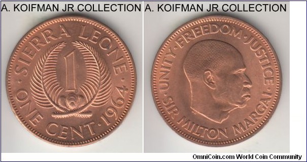 KM-17, 1964 Sierra Leone cent; bronze, plain edge; Milton margai on this independence issue, common coin, red uncirculated, couple of tiny spots on obverse.