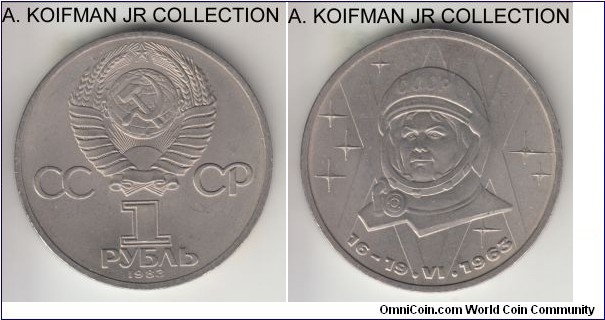 Y#192.1, 1983 Russia (USSR) rouble; copper-nickel, lettered edge; 20 years to the first women flight circulation commemorative, uncirculated, light even toning.