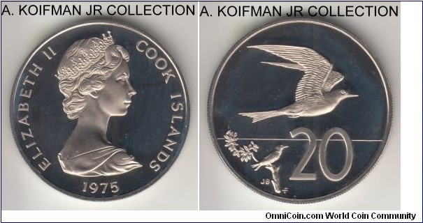 KM-5, 1975 Cook Islands 20 cents, Franklin Mint; proof, copper-nickel, reeded edge; Elizabeth II, Fairy Tern, from the proof sets, mintage 21,000.