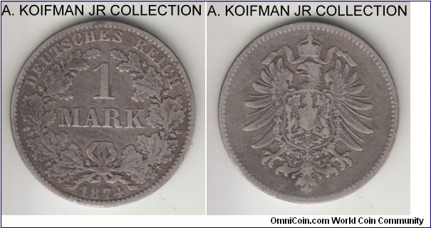 KM-7, 1874 Germany (Empire) mark, Hanover mint (B mint mark); silver, reeded edge; Wilhelm I, smaller mintage mint, fine or about.
