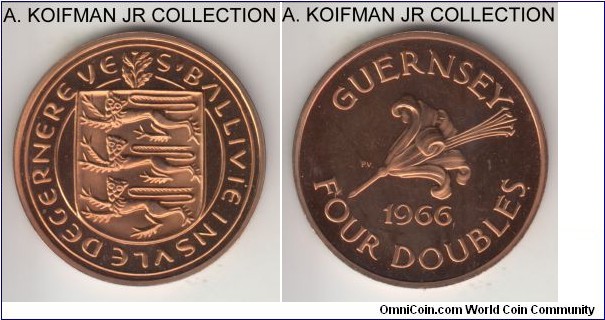 KM-15. 1966 Guernsey 4 doubles (half penny); proof, bronze, plain edge; mintage 10,000 in sets, bright red proof specimen.
