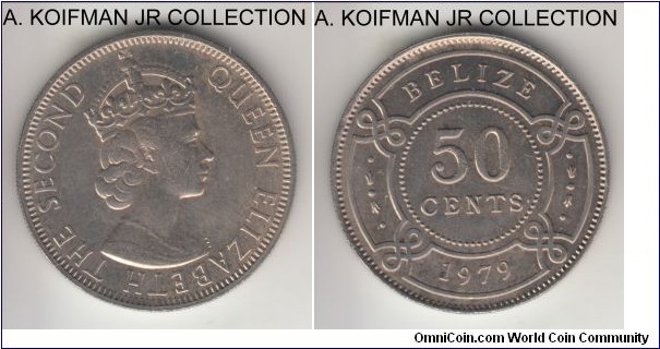 KM-37, 1979 Belize 50 cents; copper-nickel, reeded edge; Elizabeth II, circulation coinage, toned uncirculated.