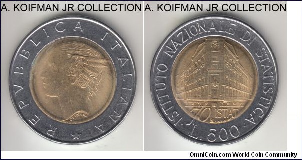 KM-181, 1996 Italy 500 lire, Rome mint (R mint mark); bi-metallic, segment reeded edge; Instituto Nazionale di Statistica (ISTAT) circulation commemorative, average uncirculated.