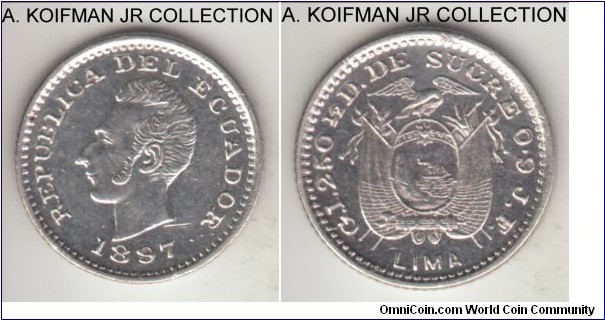 KM-55.1, 1897 Ecuador half decimo, Lima mint (LIMA mintmark); silver, reeded edge; proof like uncirculated, couple of cuts on obverse.