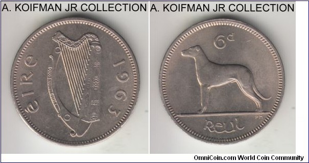 KM-13a, 1963 Ireland 6 pence; copper-nickel, plain edge; pre-decimal, average uncirculated, light obverse center toning.