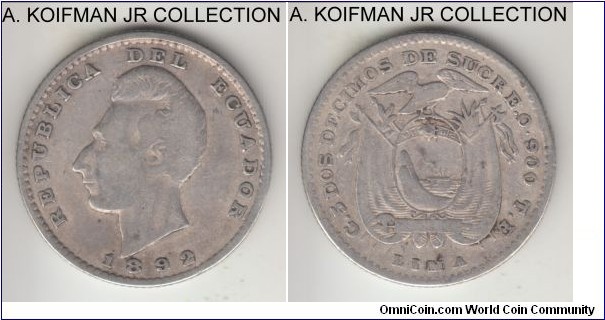 KM-51.3, 1892 Ecuador 2 decimo, Lima mint (LIMA mintmark); silver, reeded edge; looks to be an overdate variety, well circulated.