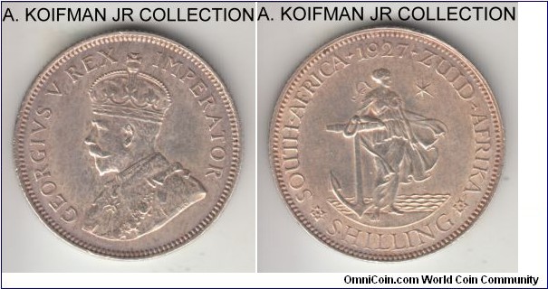 KM-17.2, 1927 South Africa (Dominion) shilling; silver, reeded edge; George V second type, smaller mintage year and scarcer in higher grades, extra fine or so.