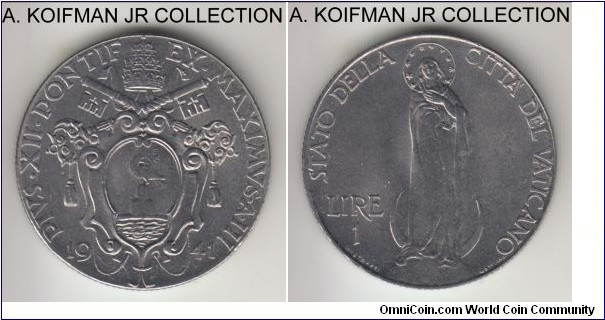 KM-26a, 1941 Vatican lira; stainless steel, reeded edge; Year III of Pope Pius XII, a rather common issue with large mintage of 270,000, choice uncirculated from original Vatican souvenir set.