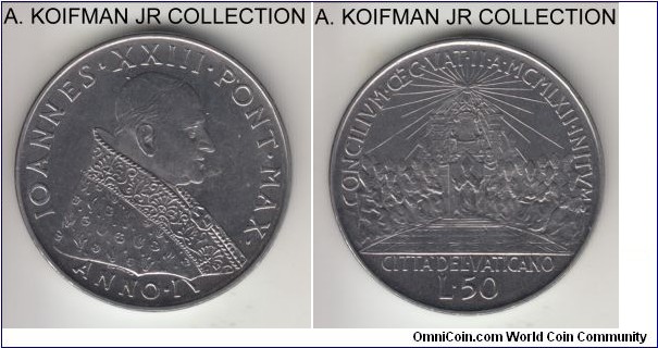 KM-72, 1962 Vatican 20 lire; stainless steel, reeded edge; Year IV of John XIII, 1-year special issue for the Second Ecumenical Counsel, mintage 200,000, nice choice uncirculated from original souvenir set.