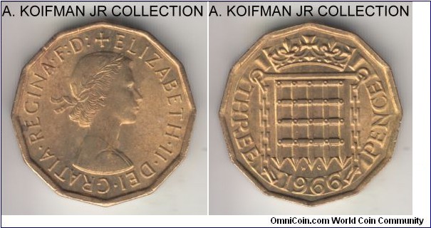 KM-900, 1966 Great Britain 3 pence; nickel-brass, plain edge, 12-sided flan; Elizabeth II, late pre-decimal issue, bright uncirculated.