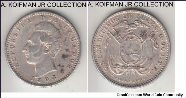 KM-51.4, 1895 Ecuador 2 decimo, Philadelphia mint; silver, reeded edge; most common yer if the type, good very fine to alsmot extra fine, some toning, possibly old cleaning.
