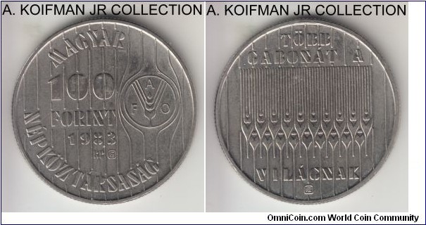 KM-631, 1983 Hungary 100 forint; copper-nickel, reeded edge; FAO issue, small mintage of 50,000, average uncirculated, some toning in places.