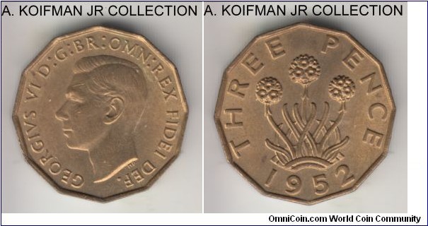 KM-873, 1952 Great Britain 3 pence; nickel-brass, plain edge, 12-sided flan; George VI, last year of rule, average uncirculated or so.