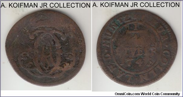 KM-135.1, 1746 German State Archbishopric of Cologne 1/4 stuber; copper; Clemens August, V in denomination STUBER, well circulated, good to very good.  