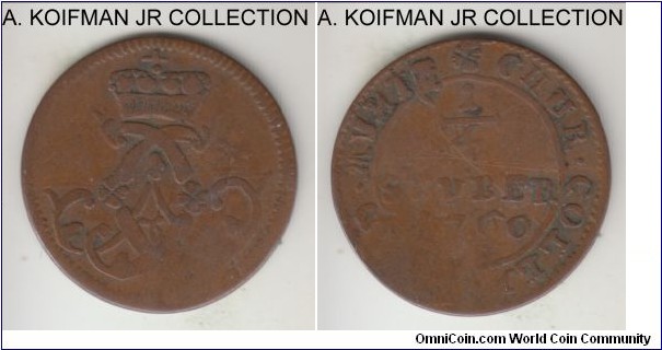 KM-135, 1760 German State Archbishopric of Cologne 1/4 stuber; copper; Clemens August, narrow top of CAC monogram, typical of the late period coinage, very good or so.