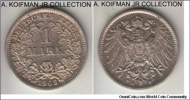 KM-14, 1903 Germany (Empire) mark, Munich mint (D mint mark); silver, reeded edge; Wilhelm II, overdate but not clear which exactly, uncirculated or almost.
