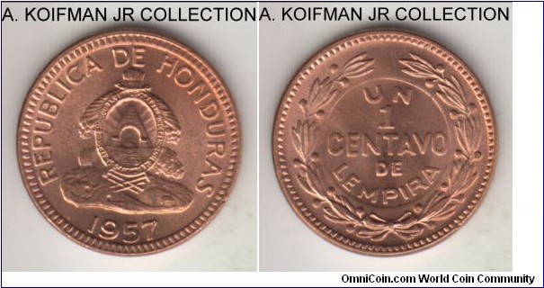 KM-77.2, 1957 Honduras centavo de lempira, Philadelphia mint (no mint mark); bronze, plain edge; common, red uncirculated.