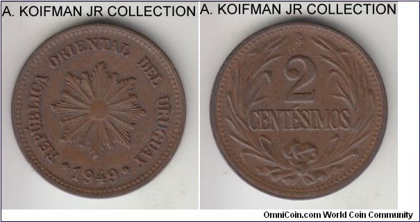 KM-20a, 1949 Uruguay 2 centesimos, Santiago de Chile mint (So mint mark); copper-tin-zinc, plain edge; brown toned almost uncirculated.