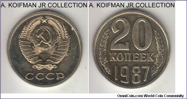 Y#132, 1987 Russia (USSR) 20 kopeks; copper-nickel-zinc, reeded edge; proof like specimen from set, lightly toned, edge carbon spot.