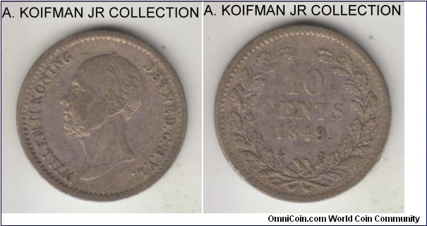 KM-75, 1849 Netherlands 10 cents; silver, reeded edge; Willem II, dot after date variety, good very fine, naturally toned.