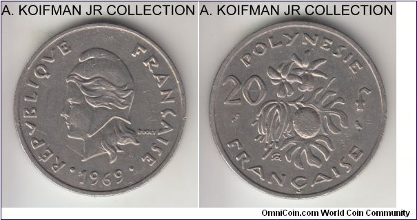 KM-6, 1969 French Polynesia 20 francs, Paris mint; nickel, reeded edge; 3-year type, without the IEOM, smaller mintage year, almost uncirculated.
