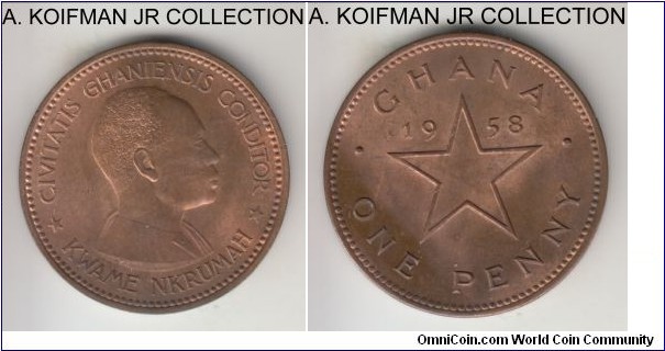 KM-2, 1958 Ghana penny; bronze, plain edge; first post-colonial issue, transitional pound system, red brown uncirculated.