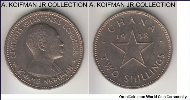 KM-6, 1958 Ghana 2 shillings; copper-nickel, reeded edge; first post-colonial issue, transitional pound system, good uncirculated.