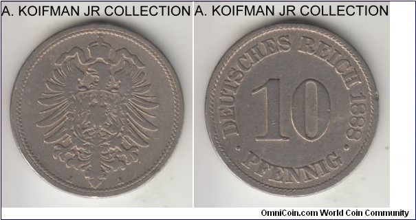 KM-4, 1888 Germany 10 pfennig, Berlin mint (A mint mark); copper-nickel, plain edge; Wilhelm I, well circulated and cleaned.