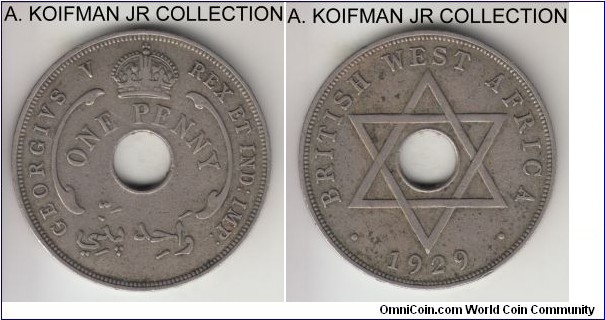 KM-9, 1929 British West Africa penny; copper nickel, hold flan, plain edge; George V, one of the smaller mintage years, good fine to about very fine, toned.