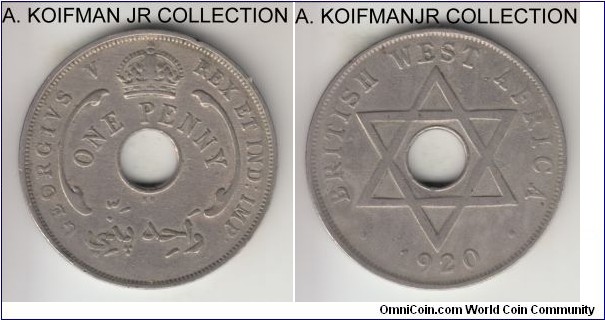 KM-9, 1920 British West Africa penny, Kings Norton (KN  mint mark); copper-nickel, plain edge, holed flan; earlier George V, well circulated, cleaned.