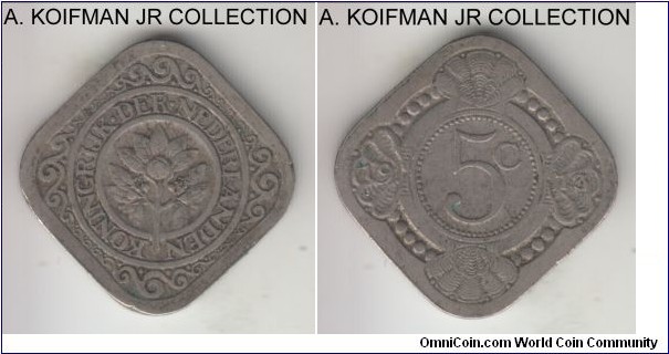 KM-153, 1913 Netherlands 5 cents; copper-nickel, plain edge, square flan; Wilhelmina I, very fine or about.