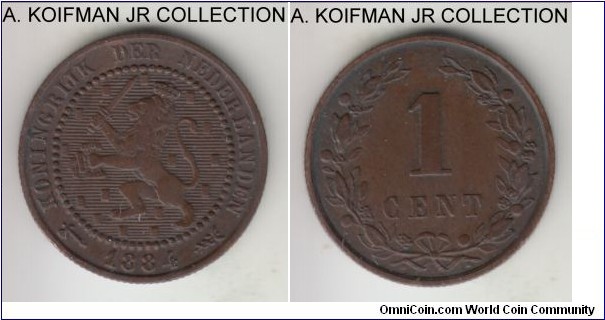 KM-107.1, 1884 Netherlands cent; bronze, reeded edge; Willem III, more common year, brown good very fine to extra fine.