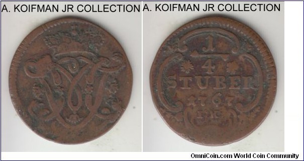 KM-161, 1767 EG-IK German State Archbishopric of Cologne 1/4 stuber; copper; Maxmilian Friedrich v Konigseck, very good to fine.