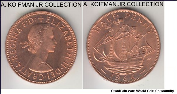 KM-896, 1966 Great Britain 1/2 penny; bronze, plain edge; Elizabeth II, bright red brilliant uncirculated, small reverse edge shave.