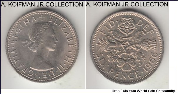 KM-903, 1966 Great Britain 6 pence; copper nickel, reeded edge; Elizabeth II, last year of the circulation pound coinage and common, choice toned uncirculated.