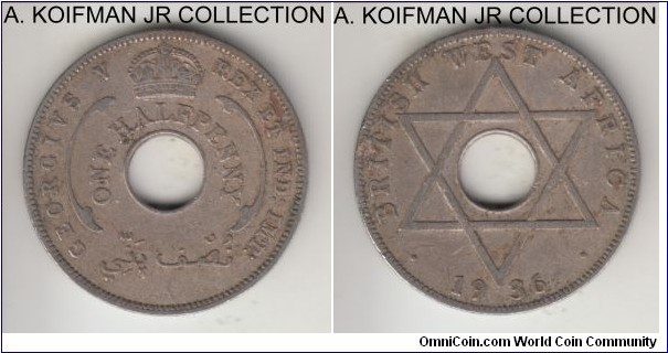 KM-8, 1936 British West Africa 1/2 penny, Royal Mint (no mint mark); copper nickel, holed flan, plain edge; George V, last year and somewhat scarcer, good fine, possibly old cleaning.