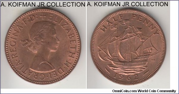 KM-896, 1962 Great Britain 1/2 penny; bronze, plain edge; Elizabeth II, late pre-decimal issue, choice red brown uncirculated.