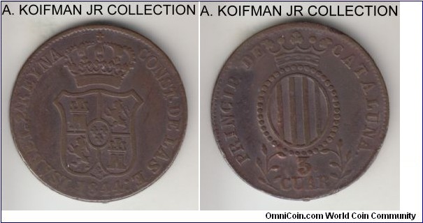 KM-126, 1844 Spanish States Catalonia 3 cuartos; copper, corded edge; Principality independent coinage under Isabella II, decent details, good fine at the least.