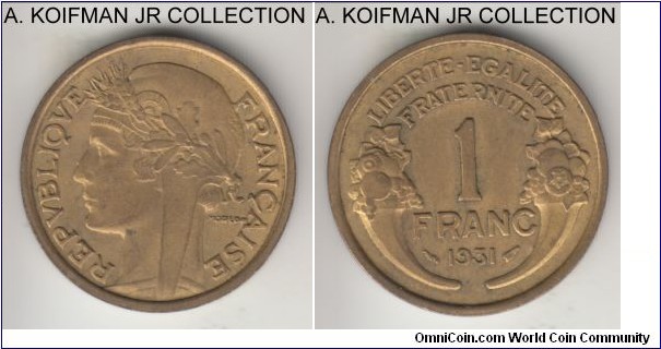 KM-885, 1931 France franc; aluminum-bronze, plain edge; Morlon, toned average uncirculated or almost.
